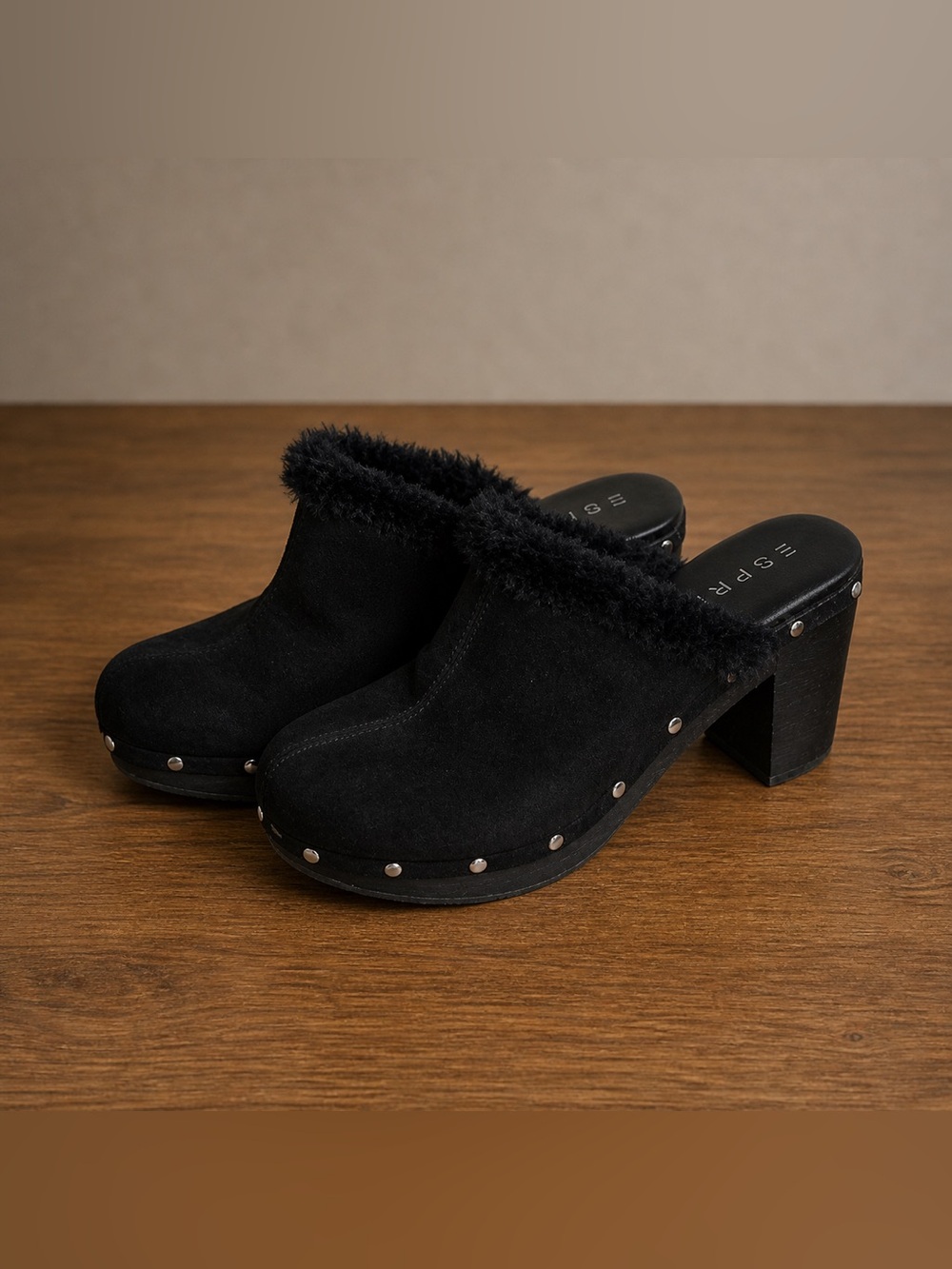 Esprit Black Suede Faux-Fur Trim Studded Clogs